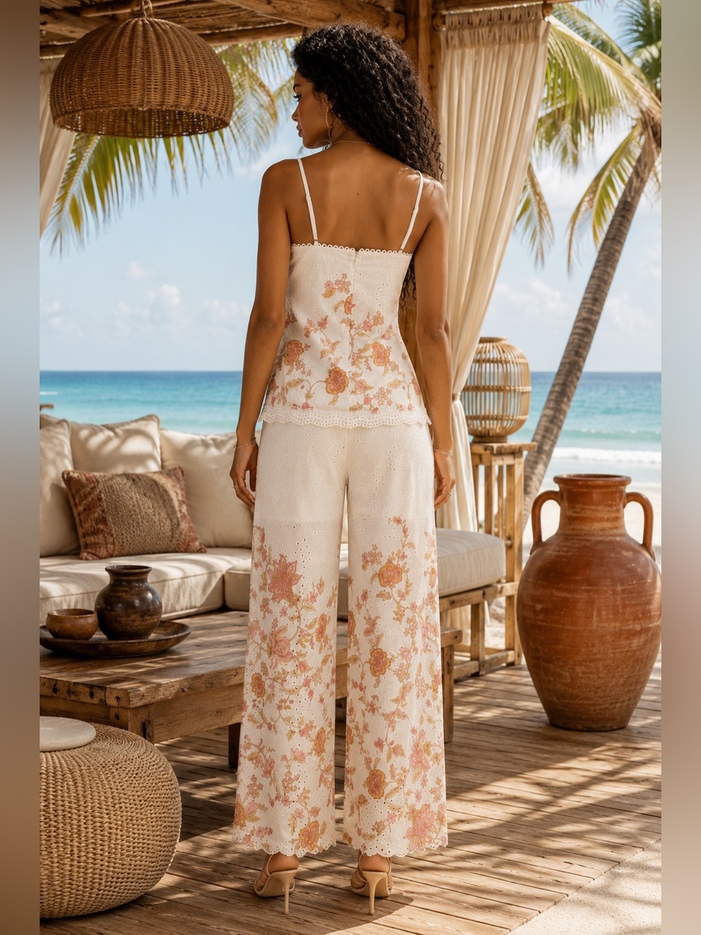 Women’s Cream Floral Wide-Leg Pant Set - Picture 2 of 4